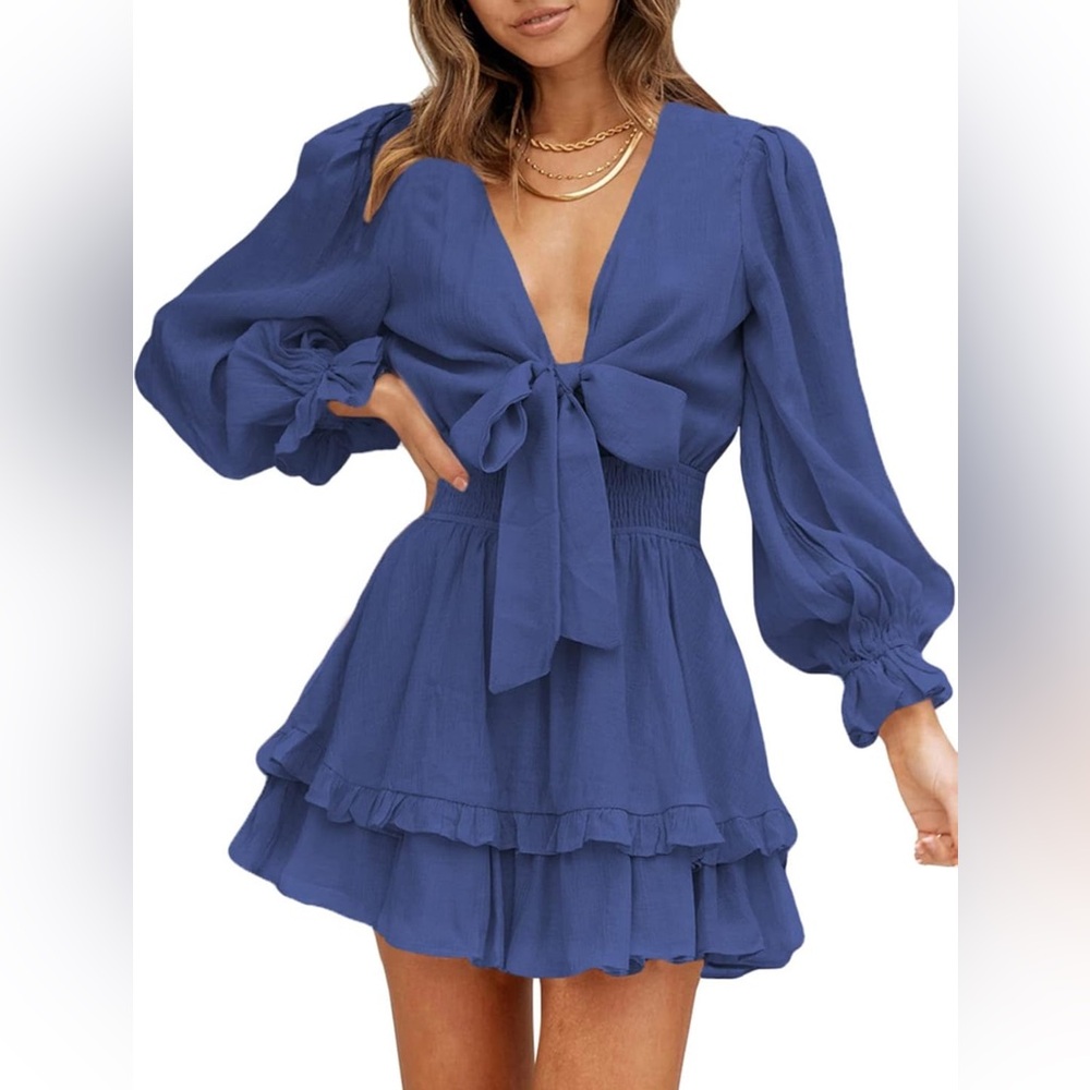 Knot Front V Neck Ruffles Long Sleeve Swing Mini Dress in Blue, Medium